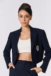 Shop_S&N by Shantnu Nikhil_Blue Poly Blend Embroidery Cricket Club Crest Lapel Collar Crop Jacket _Online_at_Aza_Fashions