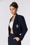 S&N by Shantnu Nikhil_Blue Poly Blend Embroidery Cricket Club Crest Lapel Collar Crop Jacket _at_Aza_Fashions