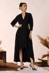 Buy_S&N by Shantnu Nikhil_Black Poly Blend Embroidery Notched Faux Leather Embellished High Low Dress _at_Aza_Fashions