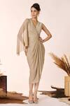 Buy_S&N by Shantnu Nikhil_Gold Lurex Embroidery V Neck Crest Draped Dress _at_Aza_Fashions