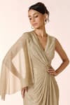 Buy_S&N by Shantnu Nikhil_Gold Lurex Embroidery V Neck Crest Draped Dress _Online_at_Aza_Fashions