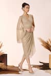 Shop_S&N by Shantnu Nikhil_Gold Lurex Embroidery V Neck Crest Draped Dress _Online_at_Aza_Fashions