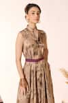 S&N by Shantnu Nikhil_Beige Silk Twill Print Vintage Hometown Tie-up Neck Dress _Online_at_Aza_Fashions