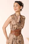 Shop_S&N by Shantnu Nikhil_Beige Silk Twill Print Vintage Hometown Tie-up Neck Dress _Online_at_Aza_Fashions