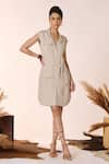 Buy_S&N by Shantnu Nikhil_Beige Rayon Cuban Collar Classic Trench Dress With Belt _at_Aza_Fashions