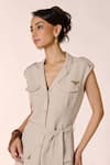 Buy_S&N by Shantnu Nikhil_Beige Rayon Cuban Collar Classic Trench Dress With Belt _Online_at_Aza_Fashions