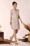 Shop_S&N by Shantnu Nikhil_Beige Rayon Cuban Collar Classic Trench Dress With Belt _Online_at_Aza_Fashions