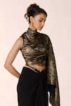 S&N by Shantnu Nikhil_Black Sandwash Foil High Neck One Shoulder Draped Crop Top _Online_at_Aza_Fashions