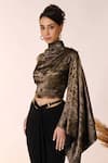 Buy_S&N by Shantnu Nikhil_Black Sandwash Foil High Neck One Shoulder Draped Crop Top _Online_at_Aza_Fashions