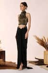 S&N by Shantnu Nikhil_Black Sandwash Foil Halter Neck Metallic Embellished Crop Top _Online_at_Aza_Fashions