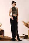 Buy_S&N by Shantnu Nikhil_Black Sandwash Foil Halter Neck Metallic Embellished Crop Top _Online_at_Aza_Fashions