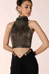 Shop_S&N by Shantnu Nikhil_Black Sandwash Foil Halter Neck Metallic Embellished Crop Top _Online_at_Aza_Fashions