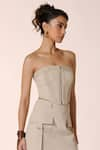 Buy_S&N by Shantnu Nikhil_Beige Rayon Off Shoulder Neck Rivet Embellished Corset Top _Online_at_Aza_Fashions