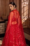 Shop_Seema Gujral_Red Net Embroidery Thread Plunge V Neck Sequin Bridal Lehenga Set_at_Aza_Fashions