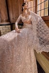 Shop_Seema Gujral_Rose Gold Net Embroidery Thread Sweetheart Neck Bridal Lehenga Set _Online_at_Aza_Fashions