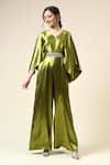 Buy_Aakaar_Green Metallic Moss Crepe Embellished Crystals V-neck Jumpsuit With Belt _at_Aza_Fashions