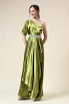 Aakaar_Green Metallic Moss Crepe Embellished Crystals One Draped Jumpsuit With Belt _Online_at_Aza_Fashions