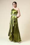 Buy_Aakaar_Green Metallic Moss Crepe Embellished Crystals One Draped Jumpsuit With Belt _Online_at_Aza_Fashions