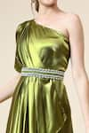 Shop_Aakaar_Green Metallic Moss Crepe Embellished Crystals Draped Jumpsuit With Belt For Kids_Online_at_Aza_Fashions