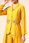 Shop_Aakaar_Yellow Moss Crepe Embroidered Sequins Lapel Floral Applique Balzer And Pant Set _Online_at_Aza_Fashions