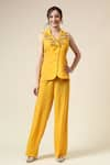 Buy_Aakaar_Yellow Moss Crepe Embroidered Sequins Lapel Floral Applique Top And Pant Set _at_Aza_Fashions