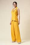 Aakaar_Yellow Moss Crepe Embroidered Sequins Lapel Floral Applique Top And Pant Set _Online_at_Aza_Fashions