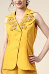 Shop_Aakaar_Yellow Moss Crepe Embroidered Sequins Lapel Floral Applique Top And Pant Set _Online_at_Aza_Fashions