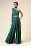 Buy_Aakaar_Green Moss Crepe Embellished Crystals Asymmetric Jumpsuit With Belt _at_Aza_Fashions