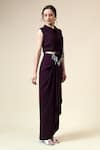 Shop_Aakaar_Purple Moss Crepe Embellished Metallic Fringe Collar Crop Top With Draped Skirt _Online_at_Aza_Fashions