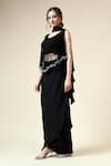 Aakaar_Black Moss Crepe Embellished Metallic Fringe Pre-draped Saree With Blouse _Online_at_Aza_Fashions