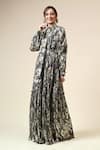 Aakaar_Black Moss Crepe Printed Foil Closed Victorian Floral Maxi Dress _Online_at_Aza_Fashions