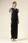 Buy_Aakaar_Black Moss Crepe Solid V-neck Metallic Sleeve Draped Dress _Online_at_Aza_Fashions