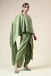 Buy_Aakaar_Green Moss Crepe Embroidered Beads One-shoulder Tunic With Draped Pant _at_Aza_Fashions