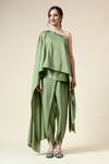 Buy_Aakaar_Green Moss Crepe Embroidered Beads One-shoulder Tunic With Draped Pant _Online_at_Aza_Fashions