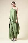 Shop_Aakaar_Green Moss Crepe Embroidered Beads One-shoulder Tunic With Draped Pant _Online_at_Aza_Fashions