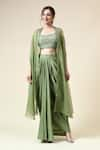 Buy_Aakaar_Green Cotton Silk Embroidered Beads U-neck Floral Blouse Draped Skirt Set _at_Aza_Fashions