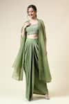 Buy_Aakaar_Green Cotton Silk Embroidered Beads U-neck Floral Blouse Draped Skirt Set _Online_at_Aza_Fashions