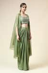 Shop_Aakaar_Green Cotton Silk Embroidered Beads U-neck Floral Blouse Draped Skirt Set _Online_at_Aza_Fashions