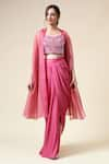 Buy_Aakaar_Pink Cotton Silk Embroidered Beads U-neck Geometric Blouse Draped Skirt Set _at_Aza_Fashions