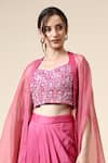 Shop_Aakaar_Pink Cotton Silk Embroidered Beads U-neck Geometric Blouse Draped Skirt Set _Online_at_Aza_Fashions