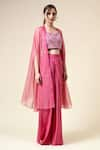 Shop_Aakaar_Pink Cotton Silk Embroidered Beads U-neck Geometric Blouse Draped Skirt Set 