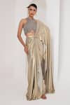 Buy_AKARA_Grey Metallic Georgette Embroidery Crystal Tassel Pre-draped Saree With Blouse _at_Aza_Fashions