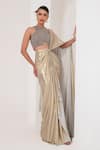 AKARA_Grey Metallic Georgette Embroidery Crystal Tassel Pre-draped Saree With Blouse _Online_at_Aza_Fashions