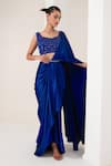 Buy_AKARA_Blue Crepe Blend Embroidery Embellished Dress With Satin Pre-draped Saree _Online_at_Aza_Fashions