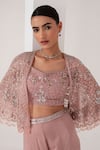 Shop_AKARA_Pink Organza Embroidery Sequin Open Florence Bloom Embellished Cape Sharara Set _Online_at_Aza_Fashions