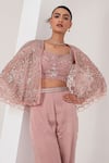 AKARA_Pink Organza Embroidery Sequin Open Florence Bloom Embellished Cape Sharara Set _at_Aza_Fashions