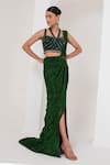 Buy_AKARA_Green Platinoir Crepe Embroidery Crystal Equinox Metallic Pre-draped Saree Set _at_Aza_Fashions