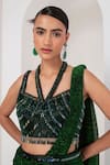 Shop_AKARA_Green Platinoir Crepe Embroidery Crystal Equinox Metallic Pre-draped Saree Set _at_Aza_Fashions