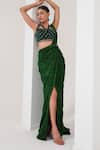 Shop_AKARA_Green Platinoir Crepe Embroidery Crystal Equinox Metallic Pre-draped Saree Set _Online_at_Aza_Fashions