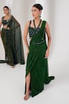 AKARA_Green Platinoir Crepe Embroidery Crystal Equinox Metallic Pre-draped Saree Set _at_Aza_Fashions